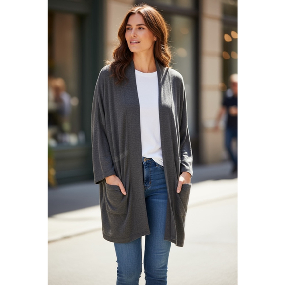 Soma Charcoal Gray Long Open-Front Cardigan | Size L | Soft Stretch Pockets - Picture 2 of 6